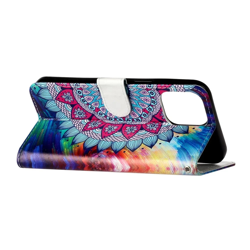 For iPhone 16 Pro Case Stand Wallet Leather Phone Cover Magnetic Clasp Pattern Printed - Mandala Flower - 4