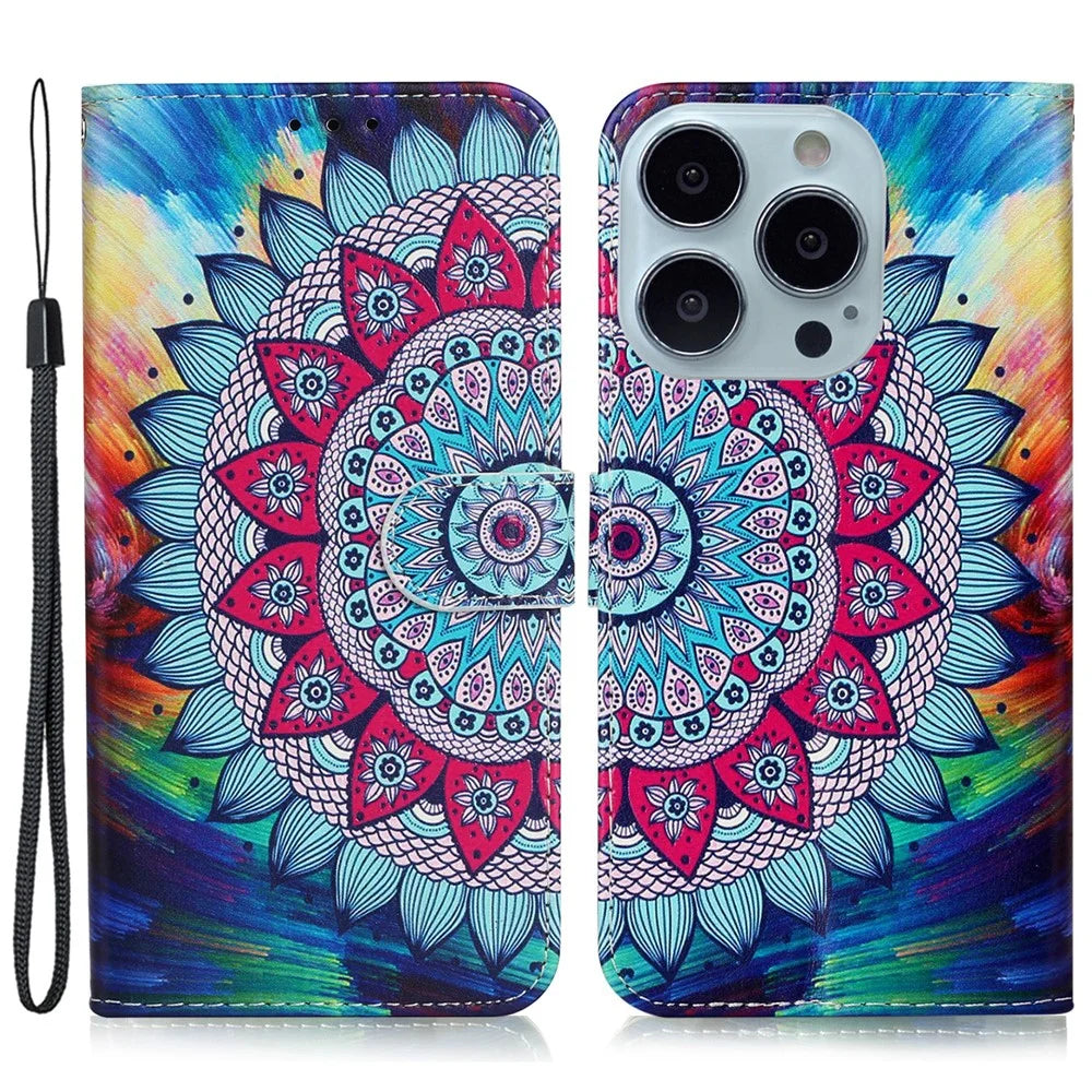 For iPhone 16 Pro Max Case Pattern Printed Leather Phone Cover with Stand 3 Card Holder - Mandala Flower - 1
