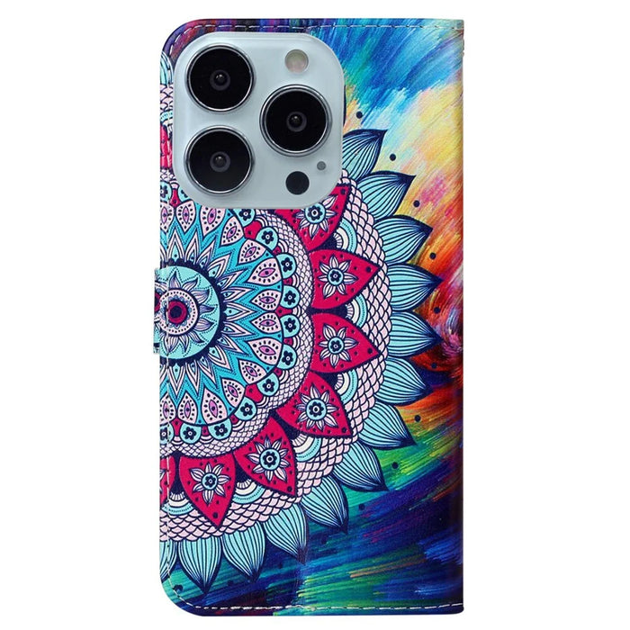 For iPhone 16 Pro Max Case Pattern Printed Leather Phone Cover with Stand 3 Card Holder - Mandala Flower - 7
