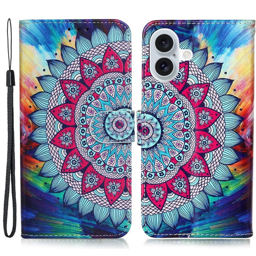 For iPhone 16 Plus Case Pattern Design Flip Leather Phone Cover with Strap - Mandala Flower - 1