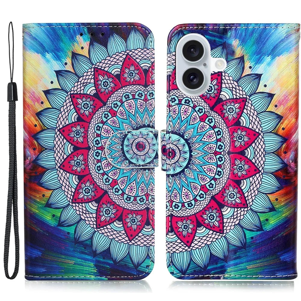 For iPhone 16 Plus Case Pattern Design Flip Leather Phone Cover with Strap - Mandala Flower - 1