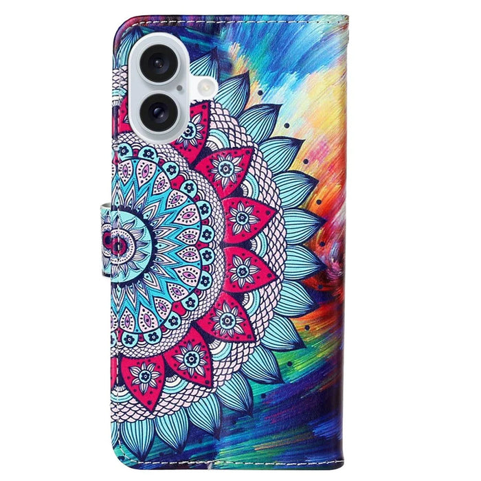 For iPhone 16 Plus Case Pattern Design Flip Leather Phone Cover with Strap - Mandala Flower - 6