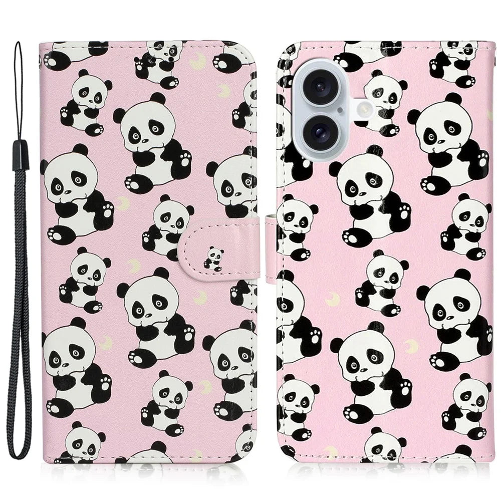 For iPhone 16 Case Leather Card Slot Holder Flip Phone Cover Pattern Printing - Panda - 1