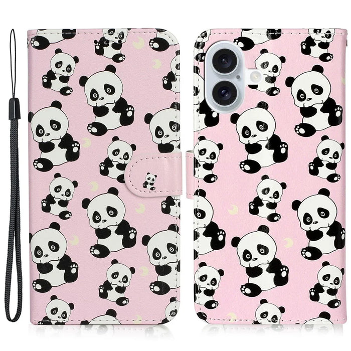 For iPhone 16 Case Leather Card Slot Holder Flip Phone Cover Pattern Printing - Panda - 1