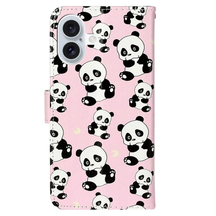 For iPhone 16 Case Leather Card Slot Holder Flip Phone Cover Pattern Printing - Panda - 6