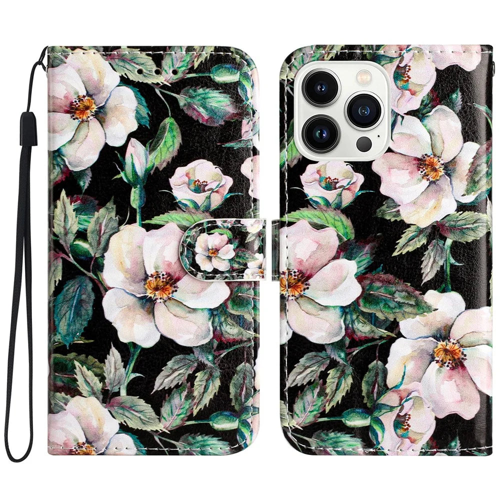 For iPhone 16 Pro Case Pattern Leather Phone Folio Cover with Card Slots Viewing Stand - Magnolia - 1