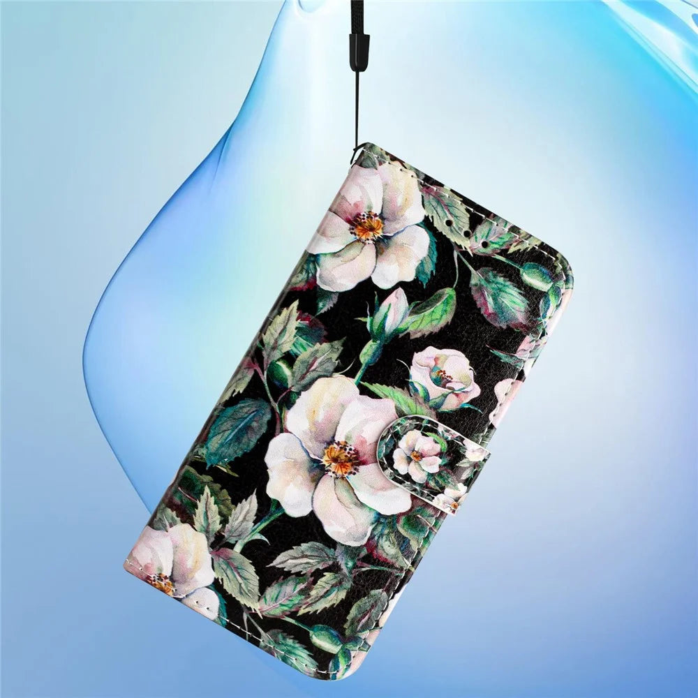 For iPhone 16 Pro Case Pattern Leather Phone Folio Cover with Card Slots Viewing Stand - Magnolia - 4