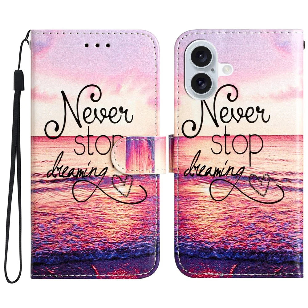 For iPhone 16 Plus Leather Case Pattern Printed Wallet Flip Phone Cover - Never Stop Dreaming - 1