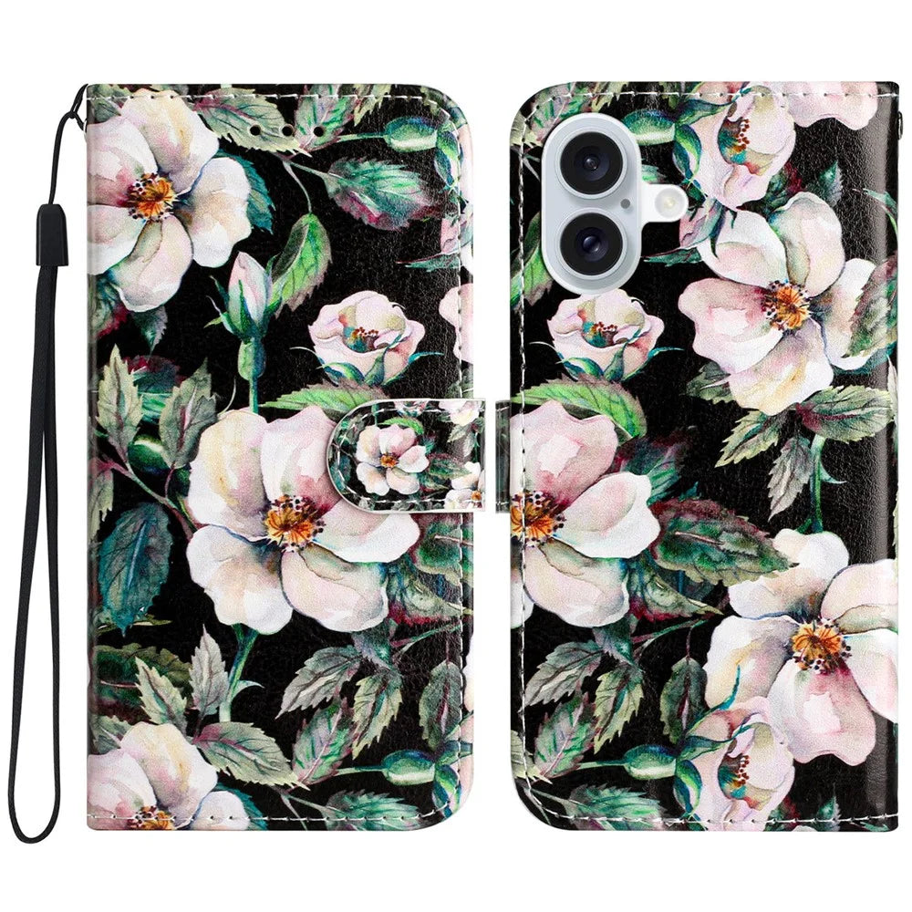For iPhone 16 Wallet Case Pattern Print Design Flip Leather Phone Cover - Magnolia - 1