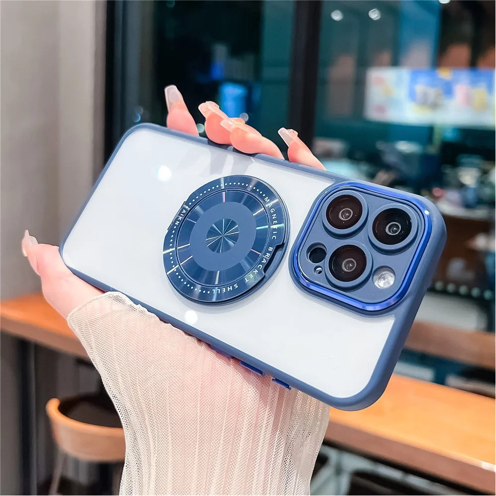 For iPhone 15 Pro Max Magnetic Case PC+TPU Phone Cover Rotating Metal Kicktand, Lens Protector - Blue - 1