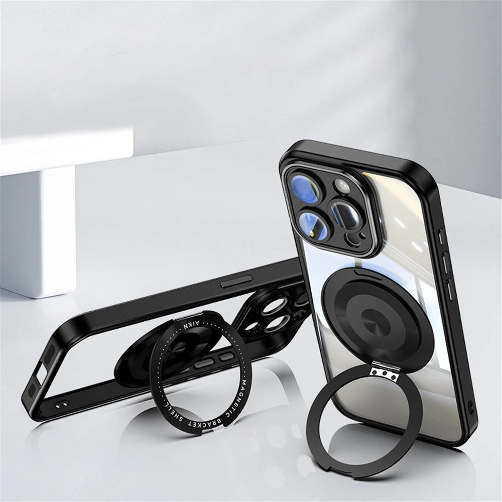 For iPhone 15 Pro Max Magnetic Case PC+TPU Phone Cover Rotating Metal Kicktand, Lens Protector - Blue - 2