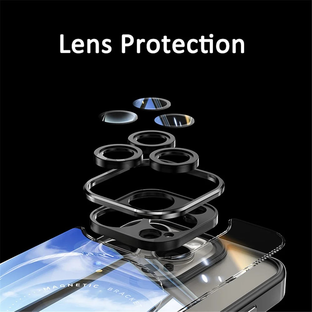 For iPhone 15 Pro Max Magnetic Case PC+TPU Phone Cover Rotating Metal Kicktand, Lens Protector - Blue - 7