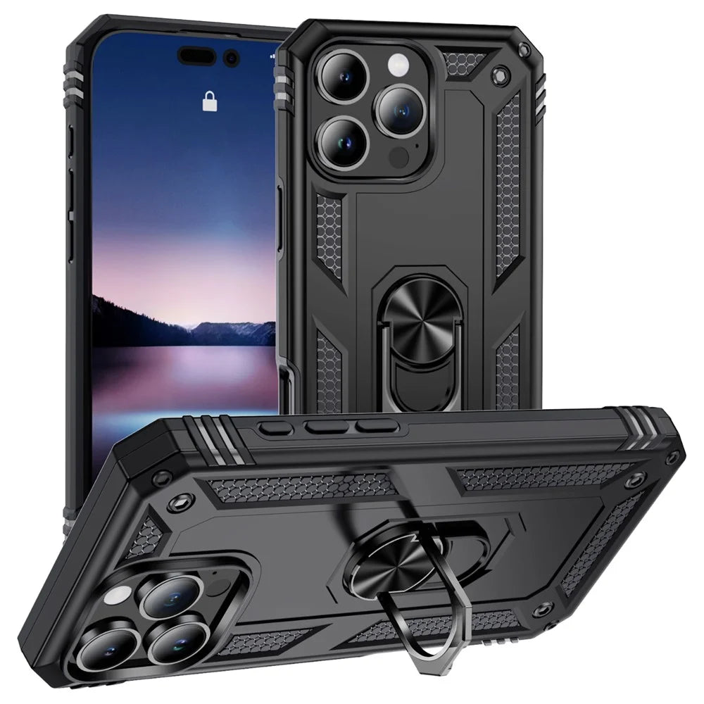 For iPhone 16 Pro Case PC+TPU Kickstand Phone Cover Support Magnetic Car Mount - Black - 1