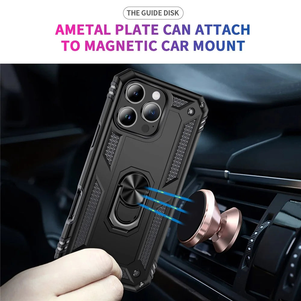 For iPhone 16 Pro Case PC+TPU Kickstand Phone Cover Support Magnetic Car Mount - Black - 4