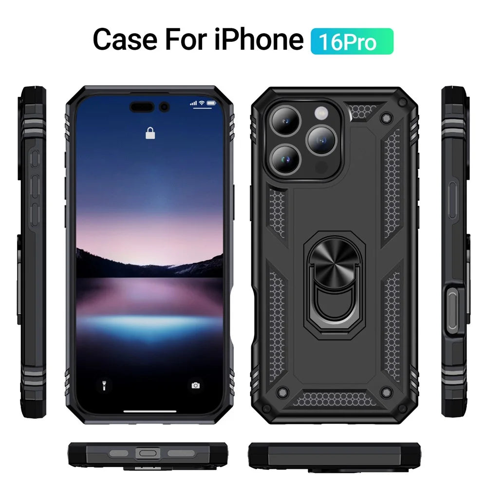 For iPhone 16 Pro Case PC+TPU Kickstand Phone Cover Support Magnetic Car Mount - Black - 7