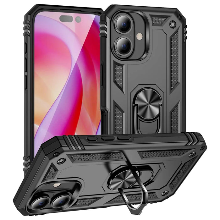For iPhone 16 Plus Case PC+TPU Dual Layer Protection Kickstand Phone Cover - Black - 1
