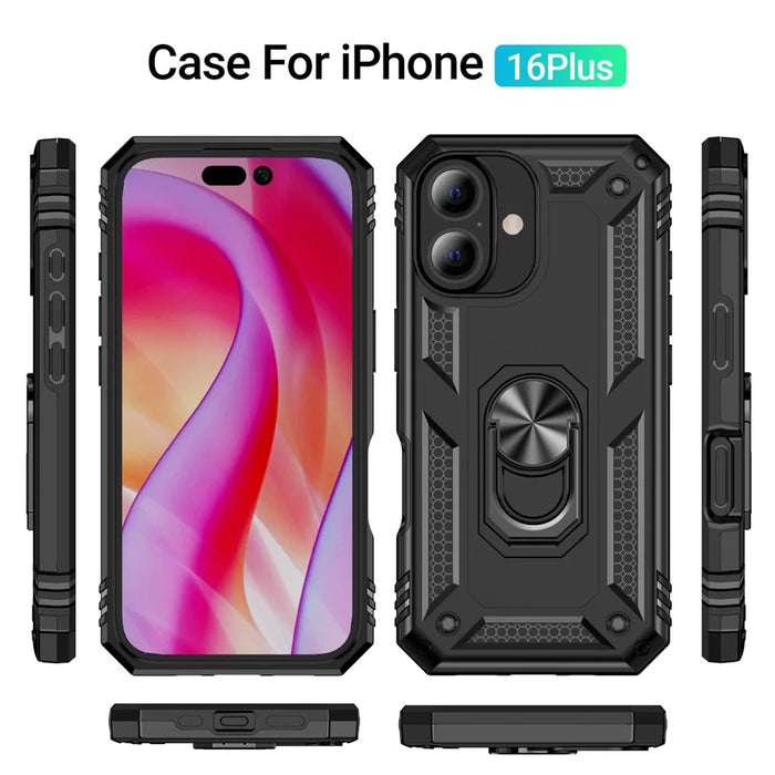 For iPhone 16 Plus Case PC+TPU Dual Layer Protection Kickstand Phone Cover - Black - 7