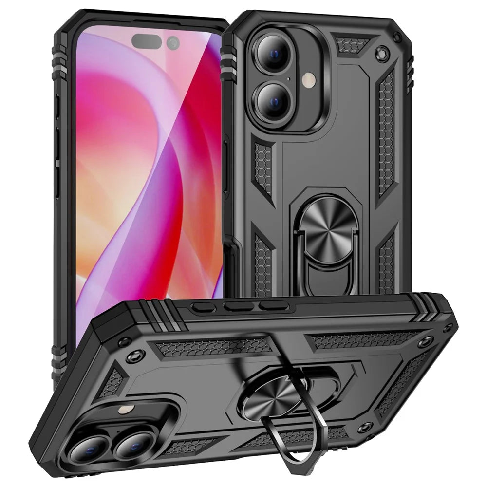 For iPhone 16 Case PC+TPU Phone Cover with Rotary Ring Kickstand - Black - 1