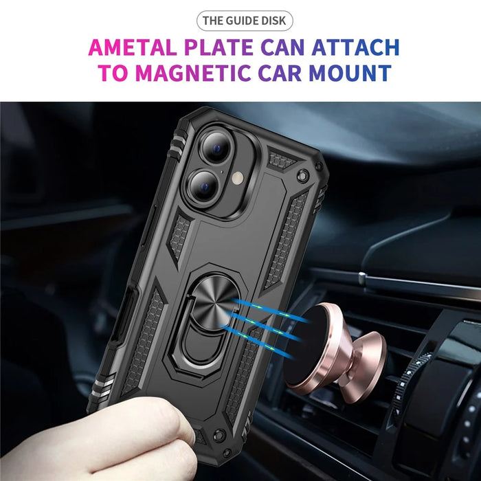 For iPhone 16 Case PC+TPU Phone Cover with Rotary Ring Kickstand - Black - 4