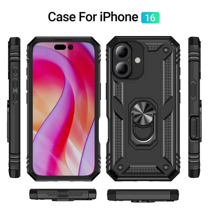 For iPhone 16 Case PC+TPU Phone Cover with Rotary Ring Kickstand - Black - 7