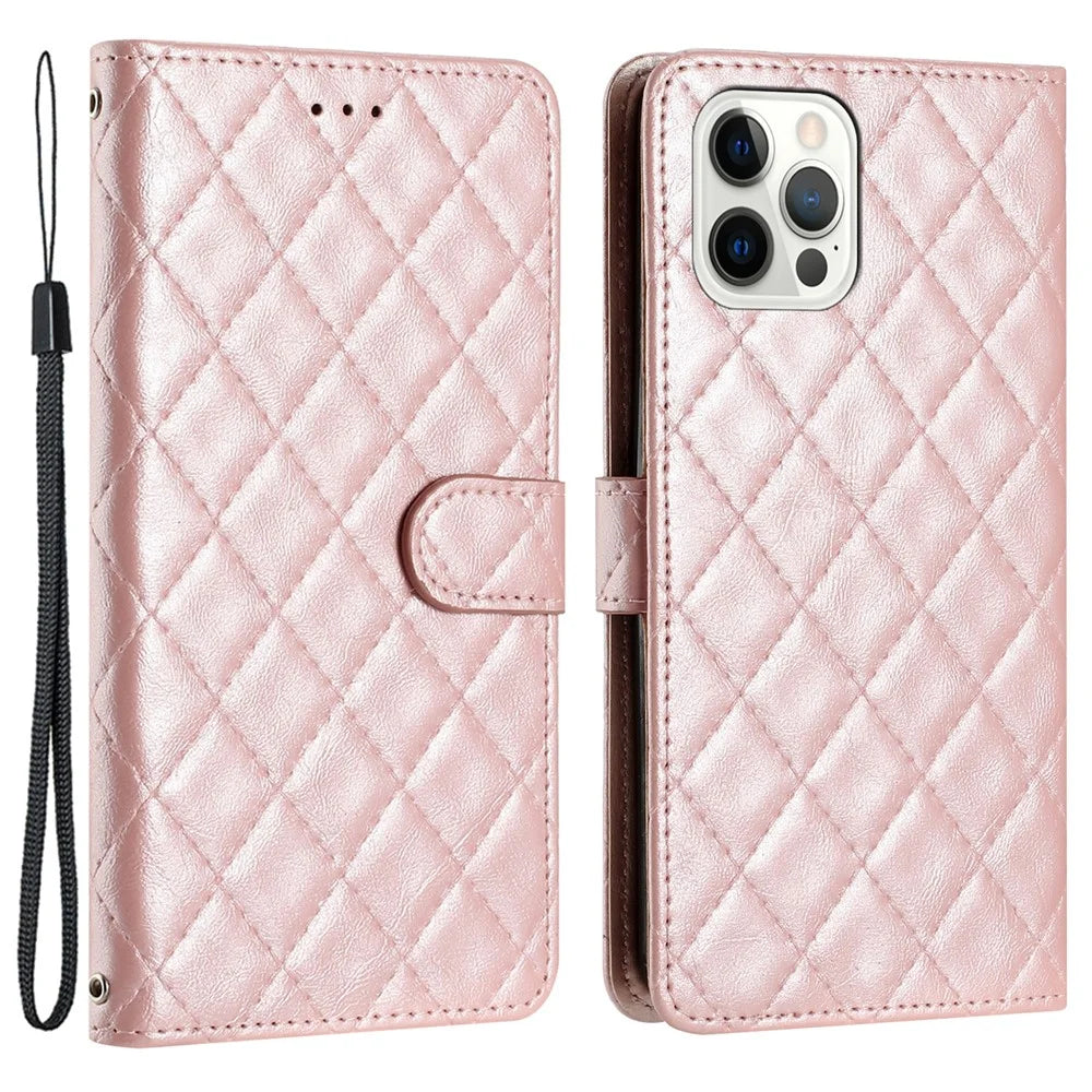 For iPhone 16 Pro Max Case Classic Rhombus Pattern Leather Phone Cover - Rose Gold - 1