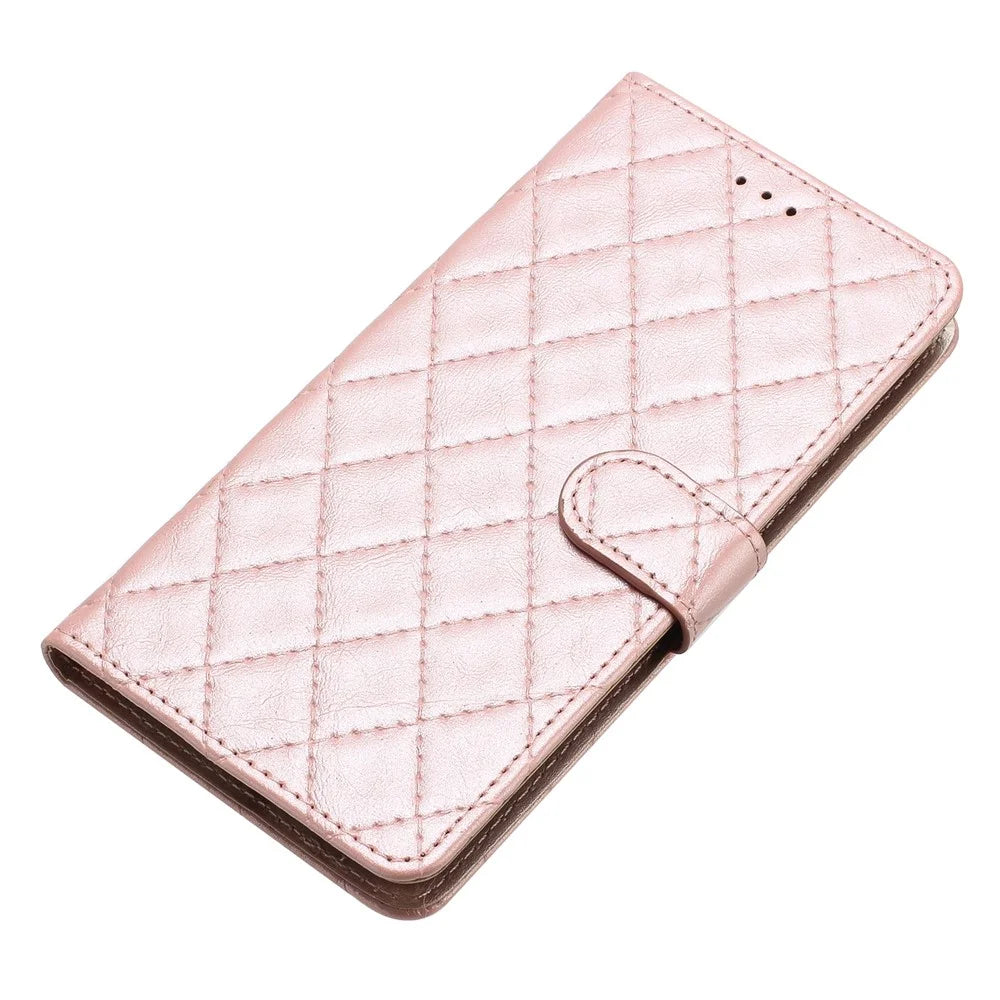 For iPhone 16 Pro Max Case Classic Rhombus Pattern Leather Phone Cover - Rose Gold - 4