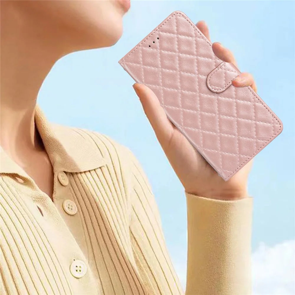 For iPhone 16 Pro Max Case Classic Rhombus Pattern Leather Phone Cover - Rose Gold - 5