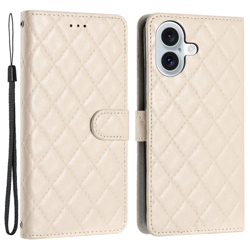 For iPhone 16 Plus Case Rhombus Pattern PU Leather Phone Cover with Card Holder - Beige - 1