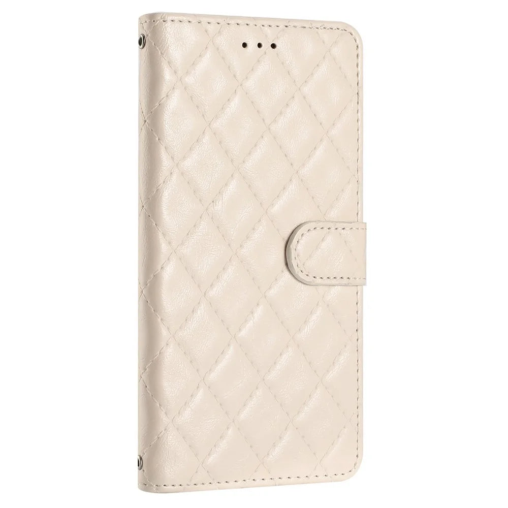 For iPhone 16 Plus Case Rhombus Pattern PU Leather Phone Cover with Card Holder - Beige - 7