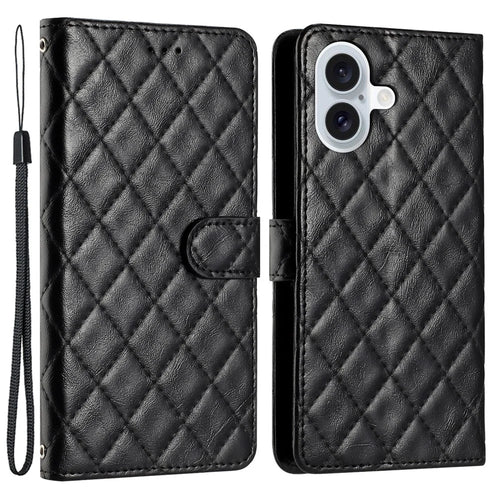 For iPhone 16 Case Rhombus Flip Folio Leather Cell Phone Cover - Black - 1