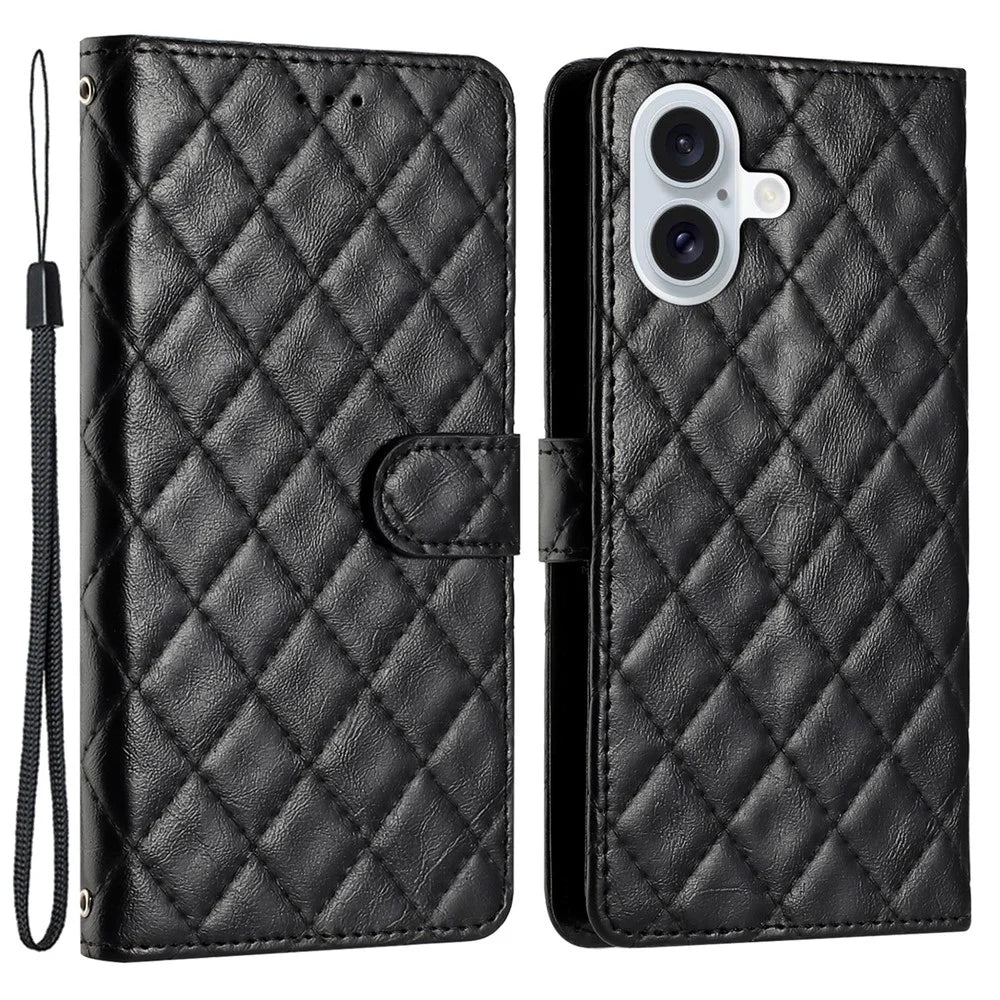 For iPhone 16 Case Rhombus Flip Folio Leather Cell Phone Cover - Black - 1