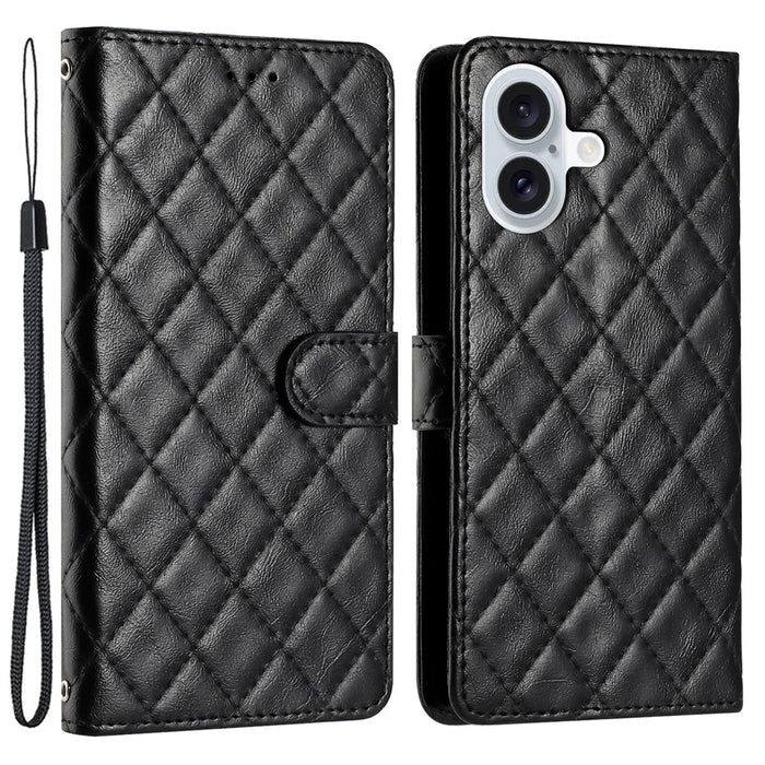 For iPhone 16 Case Rhombus Flip Folio Leather Cell Phone Cover - Black - 1