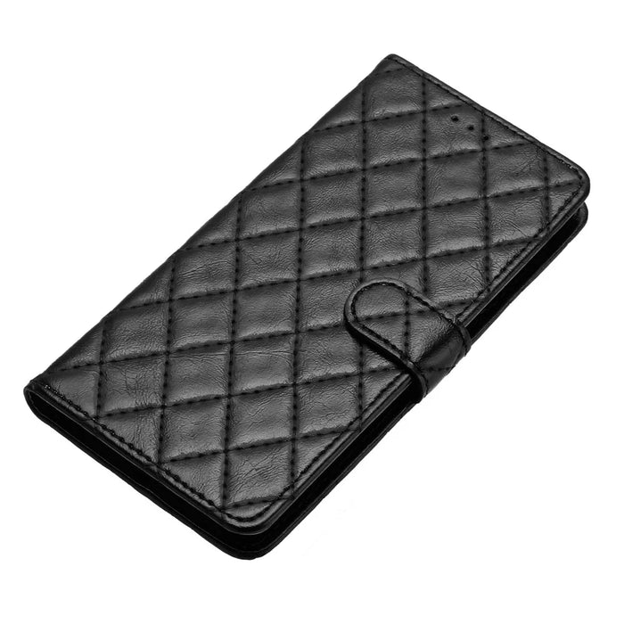 For iPhone 16 Case Rhombus Flip Folio Leather Cell Phone Cover - Black - 4