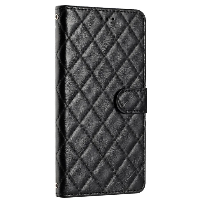 For iPhone 16 Case Rhombus Flip Folio Leather Cell Phone Cover - Black - 7
