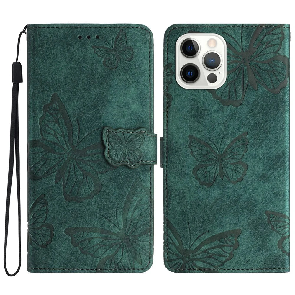 For iPhone 16 Pro Max Case Imprinted Butterfly PU Leather Folio Flip Phone Cover Skin-Touch - Green - 1