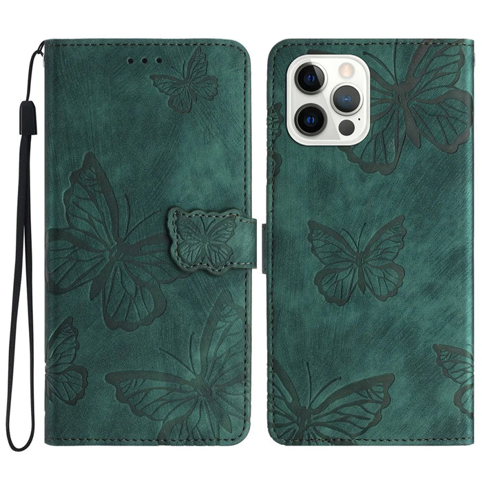 For iPhone 16 Pro Max Case Imprinted Butterfly PU Leather Folio Flip Phone Cover Skin-Touch - Green - 1
