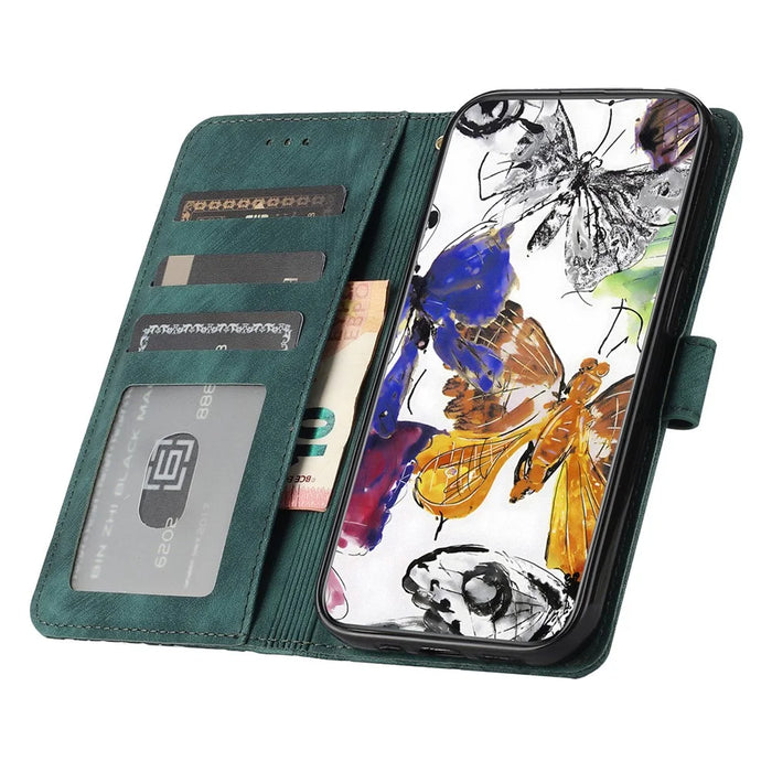 For iPhone 16 Pro Max Case Imprinted Butterfly PU Leather Folio Flip Phone Cover Skin-Touch - Green - 2