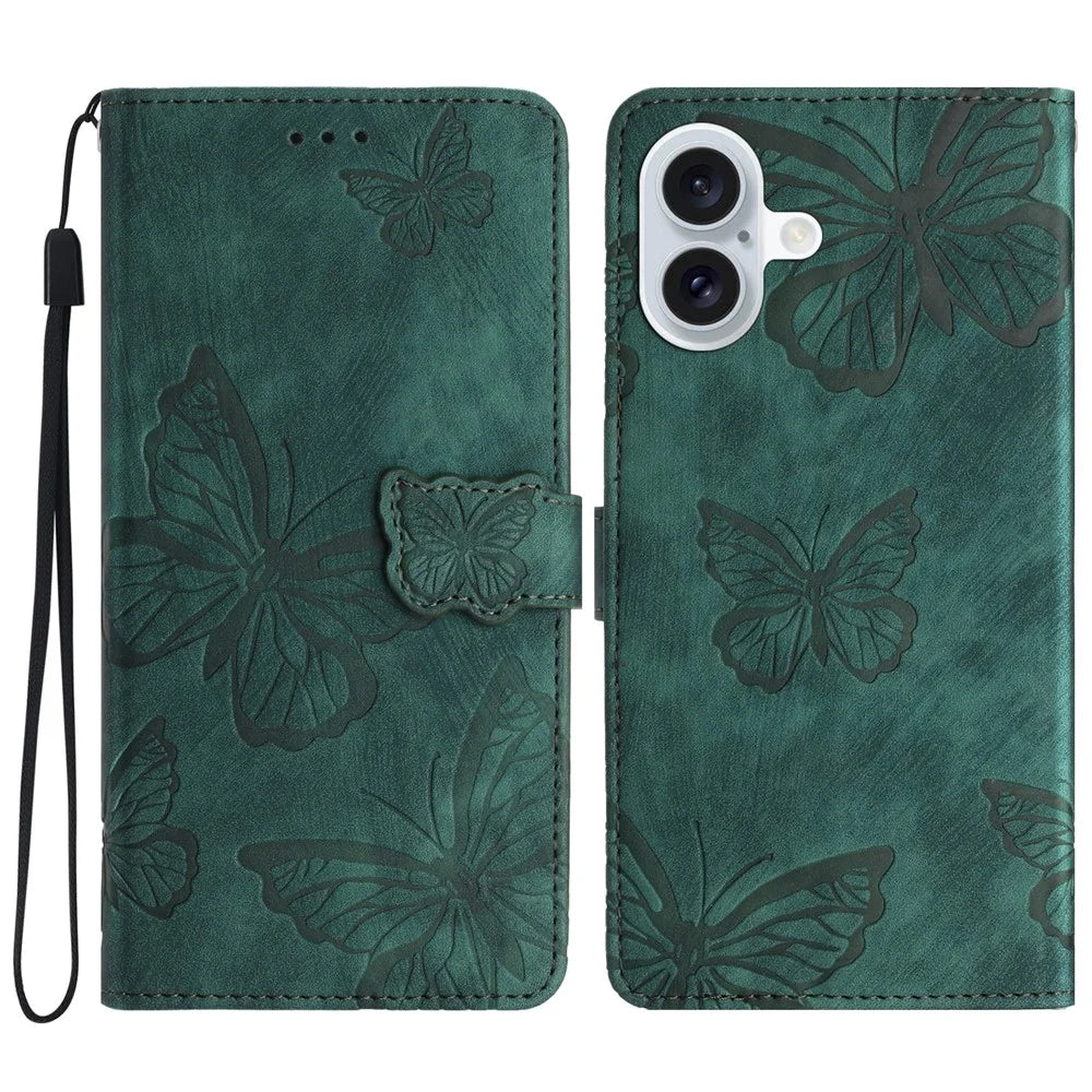 For iPhone 16 Plus Case Butterfly Flip Stand PU Leather Phone Cover - Green - 1