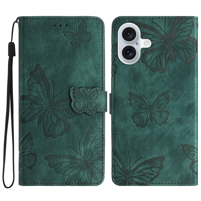 For iPhone 16 Case  PU Leather Skin Feeling Butterfly Wallet Phone Cover - Green - 1