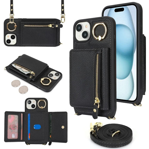 For iPhone 15 Case PU Leather+TPU Phone Cover with Ring Zipper Pocket Card Holder - Black - 1