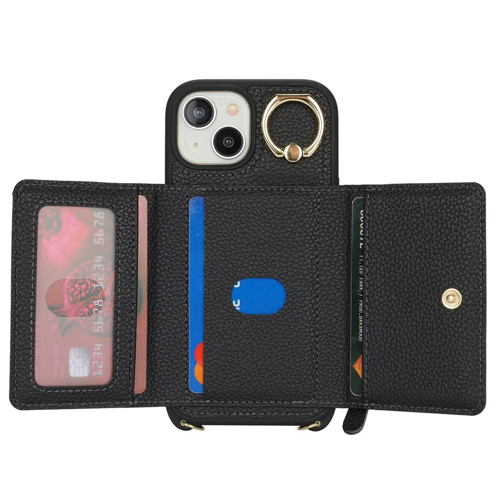 For iPhone 15 Case PU Leather+TPU Phone Cover with Ring Zipper Pocket Card Holder - Black - 2