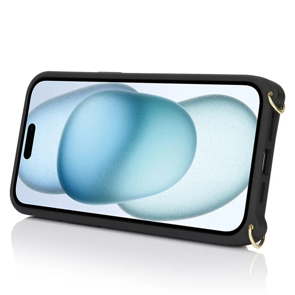 For iPhone 15 Case PU Leather+TPU Phone Cover with Ring Zipper Pocket Card Holder - Black - 3