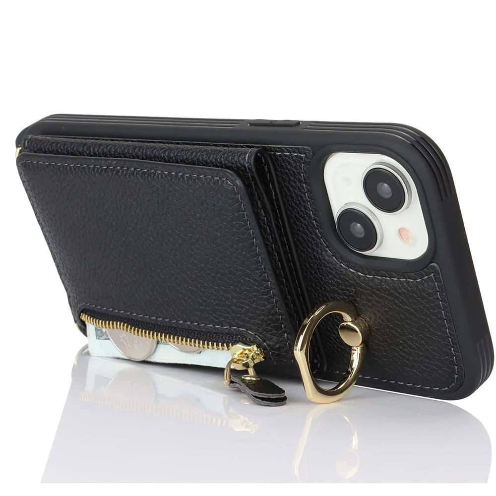 For iPhone 15 Case PU Leather+TPU Phone Cover with Ring Zipper Pocket Card Holder - Black - 4