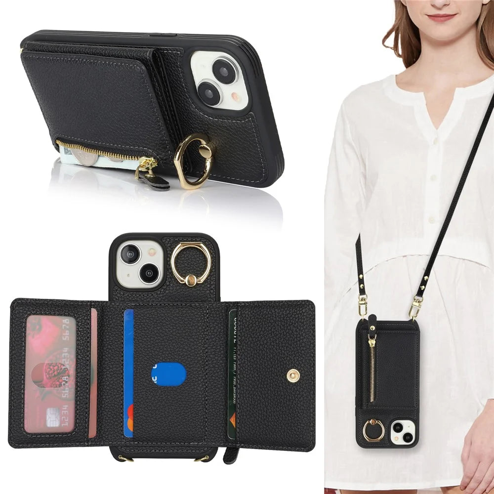 For iPhone 15 Case PU Leather+TPU Phone Cover with Ring Zipper Pocket Card Holder - Black - 5
