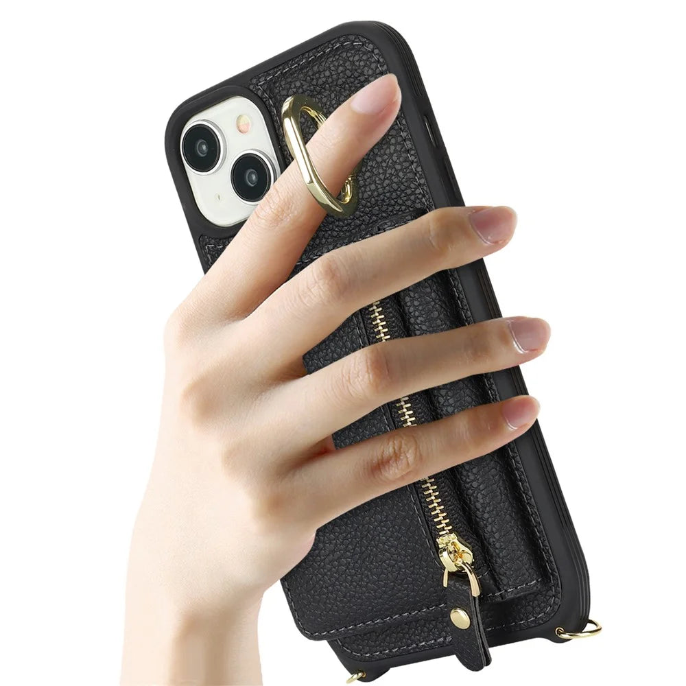 For iPhone 15 Case PU Leather+TPU Phone Cover with Ring Zipper Pocket Card Holder - Black - 6