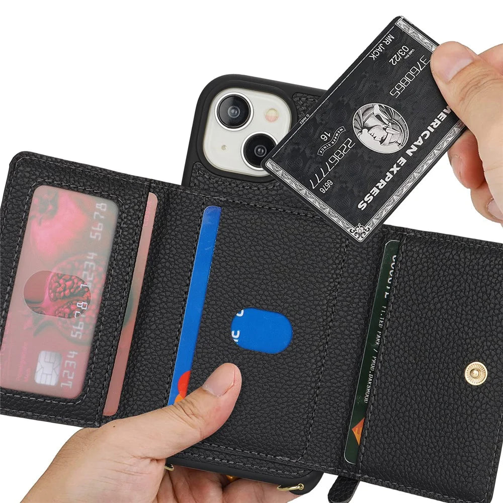 For iPhone 15 Case PU Leather+TPU Phone Cover with Ring Zipper Pocket Card Holder - Black - 7