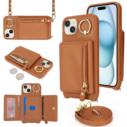 For iPhone 15 Plus / 14 Plus Case Card Bag PU Leather+TPU Phone Cover with Ring Kickstand - Brown - 1