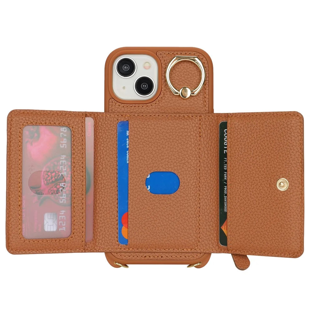 For iPhone 15 Plus / 14 Plus Case Card Bag PU Leather+TPU Phone Cover with Ring Kickstand - Brown - 2