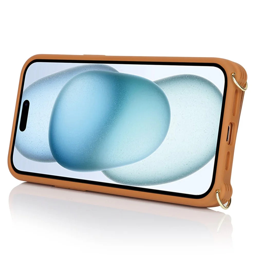 For iPhone 15 Plus / 14 Plus Case Card Bag PU Leather+TPU Phone Cover with Ring Kickstand - Brown - 3