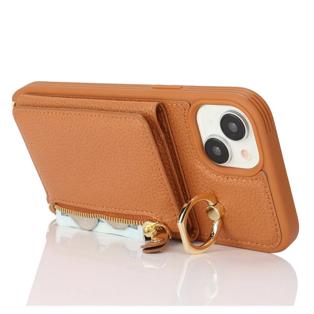 For iPhone 15 Plus / 14 Plus Case Card Bag PU Leather+TPU Phone Cover with Ring Kickstand - Brown - 4